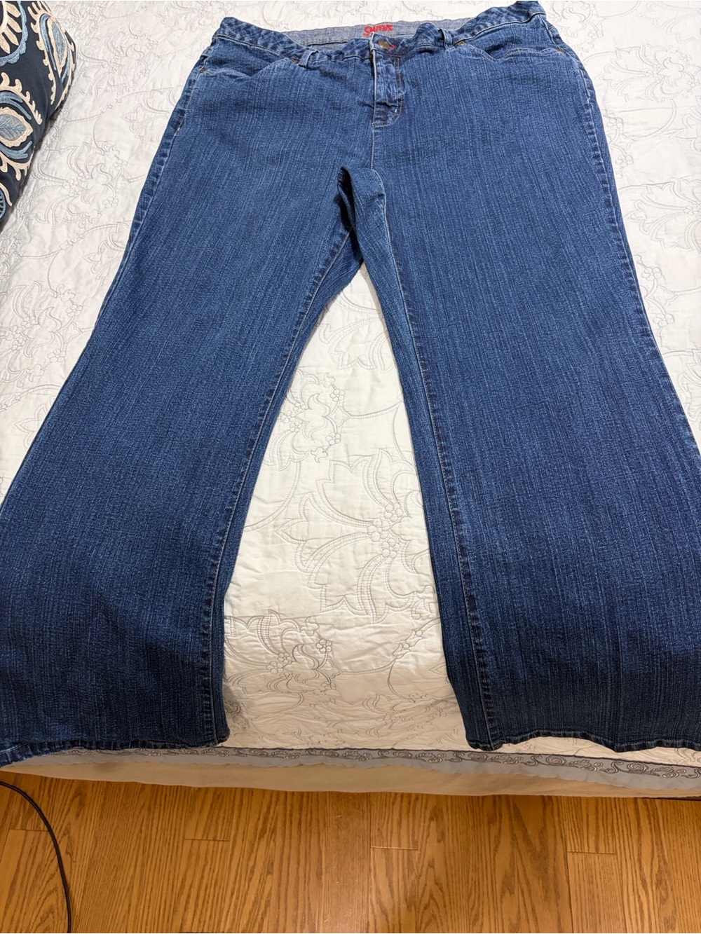 Smith’s MidRise Women Dungarees Blue Jeans Stretch Wide Flared Leg Size 18W
